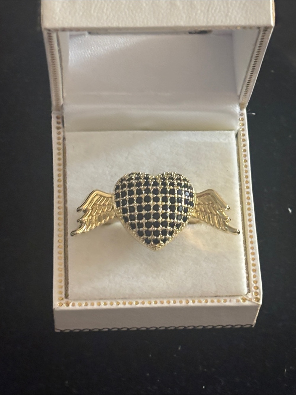 Gold Winged Heart Ring with Black Pavé Stones Size 8